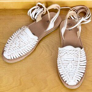 Mexican Huarache Handmade Summer Sandals Braided Lace-up White Leather [Size 8]